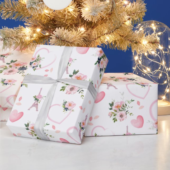 Blush Blues Eiffelturm Muster Geschenkpapier (Feiertage)