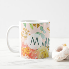 Blush Blues Floral Gold Glitzer Monogram Kaffeetasse
