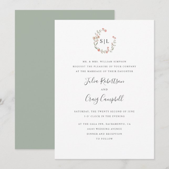 Blush Blume Bunch formale Monogramm Hochzeit Einladung (Vorne/Hinten)