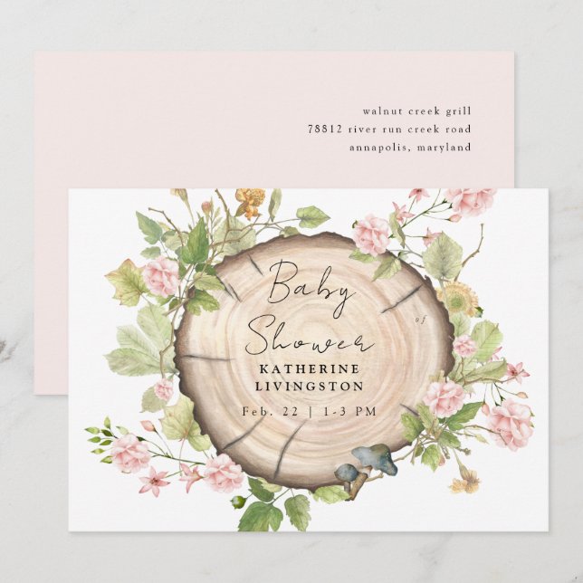 Blush-Blume Stump Baby-Dusche Einladung (Vorne/Hinten)