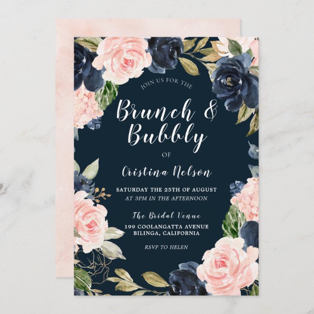 Blush-Blume und Navy-Brunch & Bubbly-Brautparty Einladung (Vorne/Hinten)