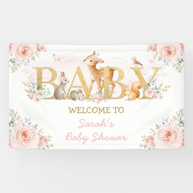 Blush Blume Woodland Animals Kinderdusche Begrüßun Banner (Horizontal)