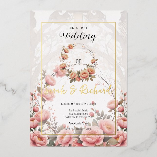 Blush Blumengarten Romantische Hochzeit Folieneinladung (Vorderseite)