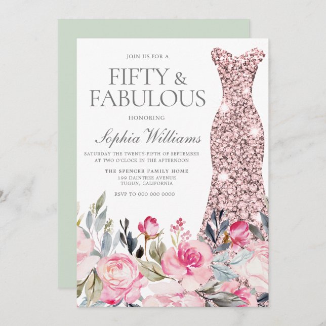 Blush Blumenkleid Fifty & Fabulous 50. Geburtstag Einladung (Vorne/Hinten)