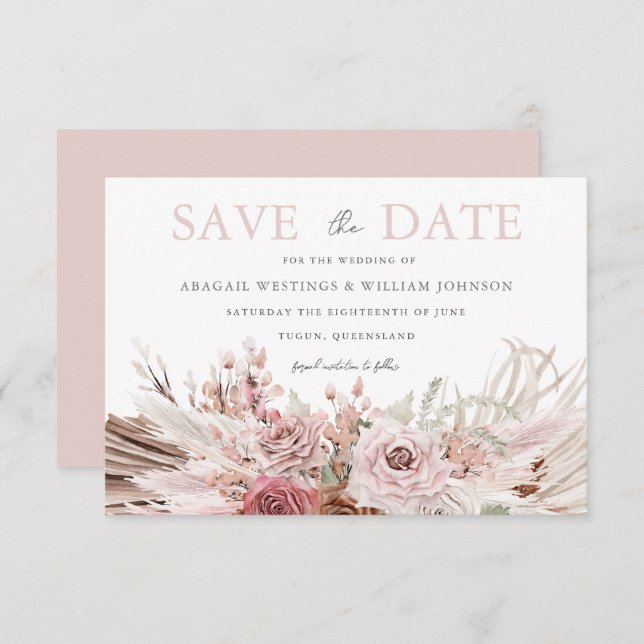 Blush Boho Bohemisch Floral Wedding Save The Date (Vorne/Hinten)