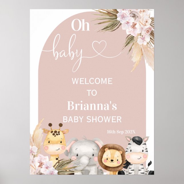Blush Boho Floral Arch Safari Baby Dusche Herzlich Poster (Vorne)