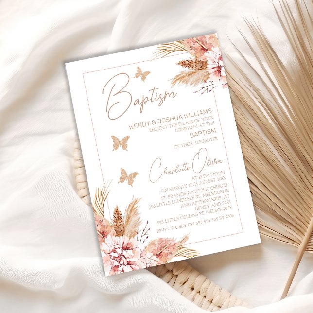 Blush Boho Floral Butterflies Taufe Einladung (Boho Floral Butterflies Baptism Invitation For Baby Girl, Bohemian Floral Butterfly Baptism Invite)