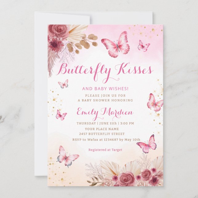 Blush Boho Floral Butterfly Kisses Baby Dusche Einladung (Vorderseite)