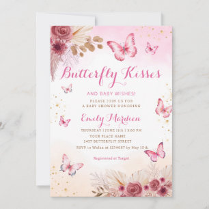 Blush Boho Floral Butterfly Kisses Baby Dusche Einladung