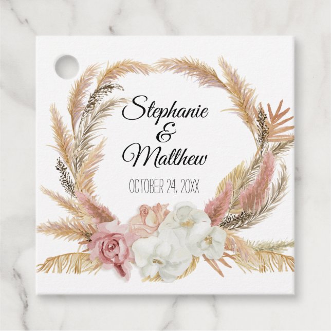 Blush Boho Floral Tropical Pampas Palm Wedding Geschenkanhänger (Vorderseite)