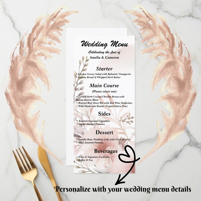 Blush Boho Floral Wedding Menu Card Menükarte (Set the tone for your romantic celebration with our elegant boho blush & beige wedding suite)