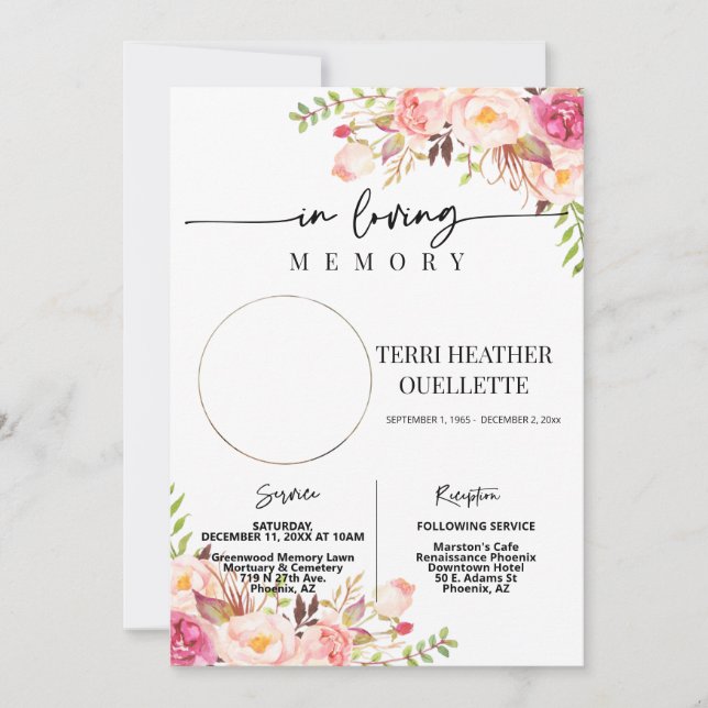 Blush Boho Foto Beerdigungsdienst Einladung (Vorderseite)