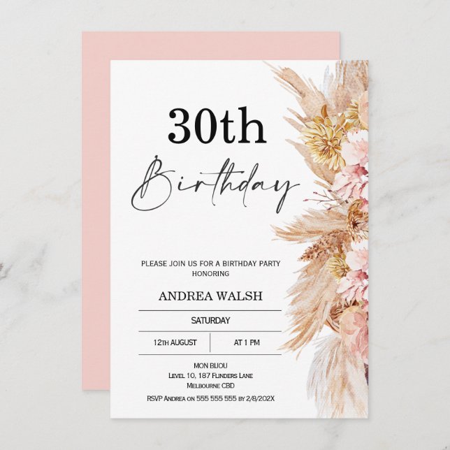 Blush Boho Pampas Grass 30. Geburtstag Einladung (Vorne/Hinten)