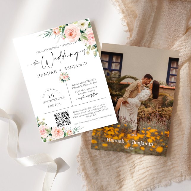 Blush Boho Wedding Modern Minimal QR Code Foto Einladung (Von Creator hochgeladen)