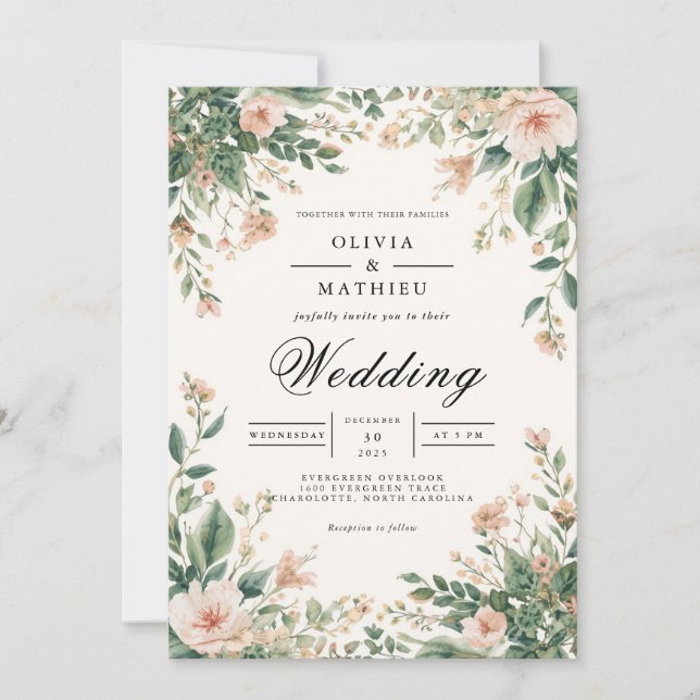 Blush Botanical Arch Wedding Einladung (Vorderseite)