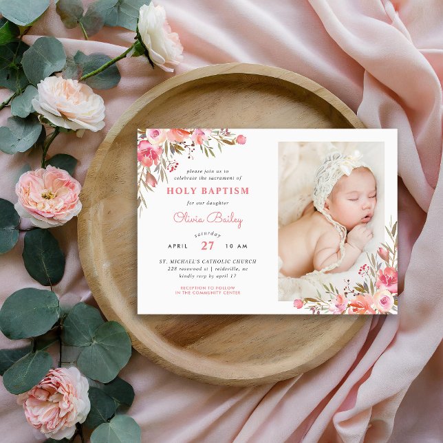 Blush Bouquet Floral Baby Girl Foto Taufe Einladung (Von Creator hochgeladen)