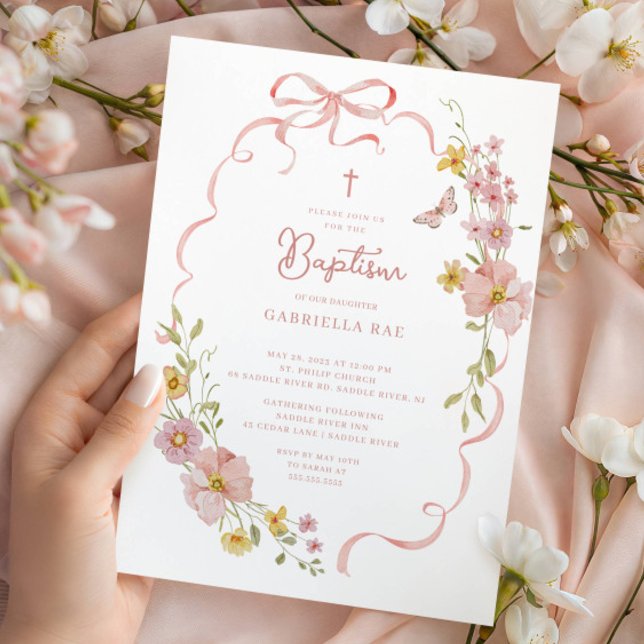 Blush Bow Floral Baptism Einladung (Von Creator hochgeladen)