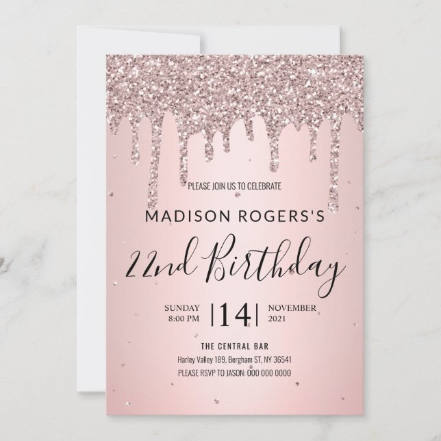 Blush Bronze junge Dame Glitzer Einladung (Vorderseite)