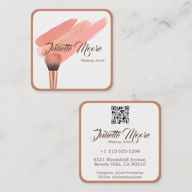 Blush Brush Makeup Artist Business Card Quadratische Visitenkarte (Vorne/Hinten)