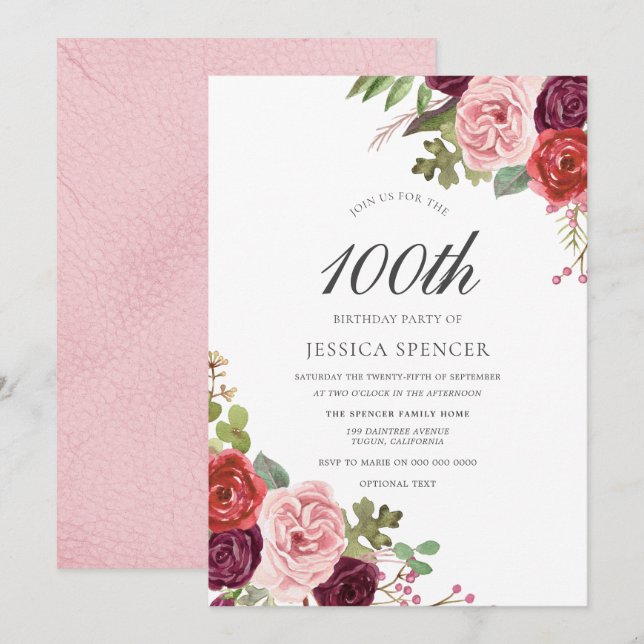 Blush & Burgund 100. Geburtstagsparty Einladung (Vorne/Hinten)
