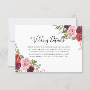 Blush & Burgund Blume Hochzeitsempfehlung Details Einladung