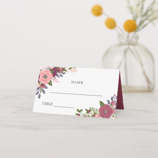 Blush & Burgund Blume - Namen und Hochzeitstag Platzkarte (Vorderseite)