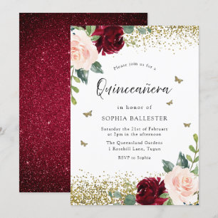 Blush & Burgund Rote Blume Quinceanera Party Einladung