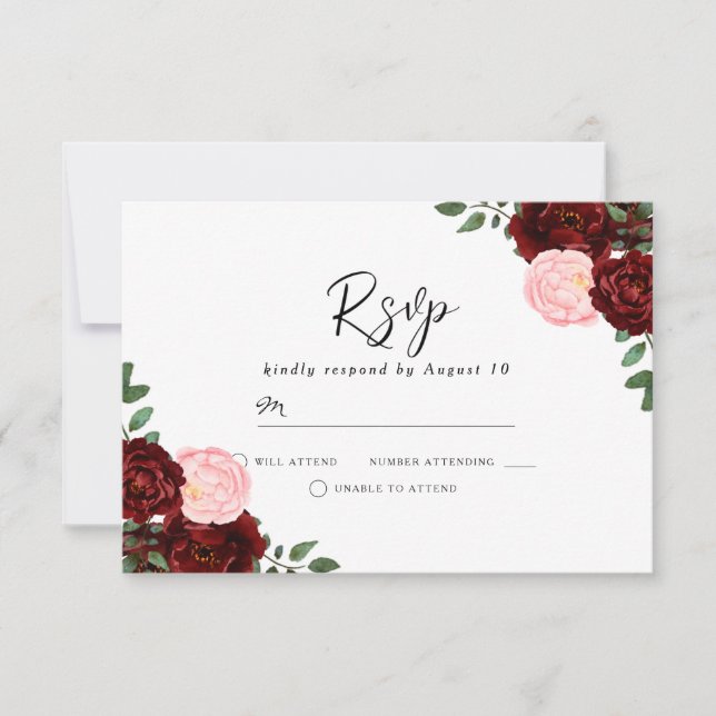 Blush & Burgund Rote Blume Schöne Hochzeit RSVP Karte (Vorderseite)