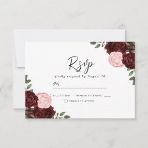 Blush & Burgund Rote Blume Schöne Hochzeit RSVP Karte