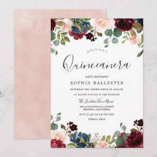 Blush & Burgund Wasserfarbe Blumenkohl Quinceanera Einladung