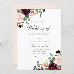 Blush & Burgund Wasserfarbener Flora Elegante Hoch Einladung