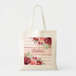Blush Burgundy Aquarell Floral Monogram Streifen Tragetasche