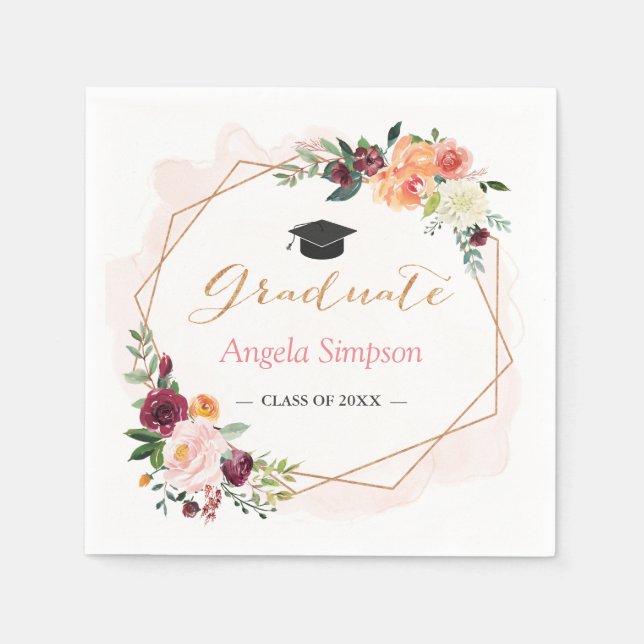 Blush Burgundy Bloral Gold Frame Graduation Party Serviette (Vorderseite)