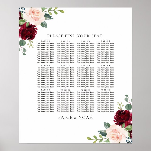 Blush Burgundy Bloral Table Seating Chart Hochzeit Poster (Vorne)