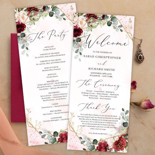 Blush burgundy Blues Gold geometrische boho Hochze Programm (Chic deep red merlot flowers roses mixed eucalyptus greenery and gold geometric wedding program )
