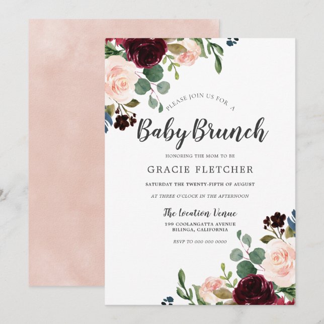 Blush & Burgundy Blume Babydusche Brunch Einladung (Vorne/Hinten)