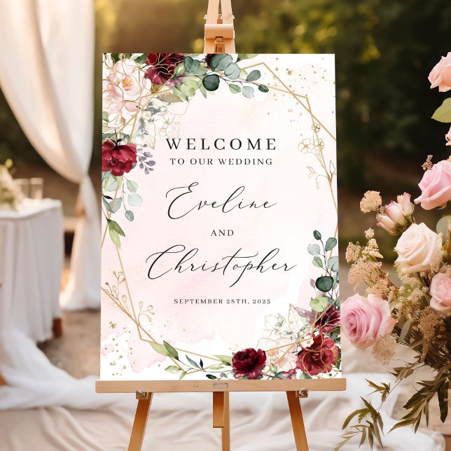 Blush burgundy Blumengold Begrüßungszeichen Poster (Modern blush burgundy floral gold frame boho wedding welcome sign poster)
