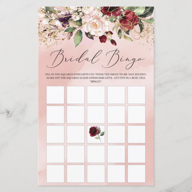 Blush Burgundy Floral Boho Bridal Bingo Spiel (Vorderseite)