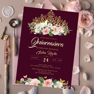 Blush Burgundy Floral Butterfly Tiara Quinceanera Folieneinladung