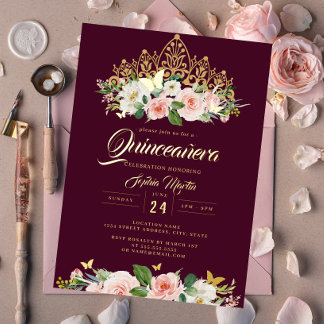 Blush Burgundy Floral Butterfly Tiara Quinceanera Folieneinladung