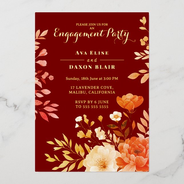 Blush Burgundy Floral Engagement Party Folieneinladung (Vorderseite)