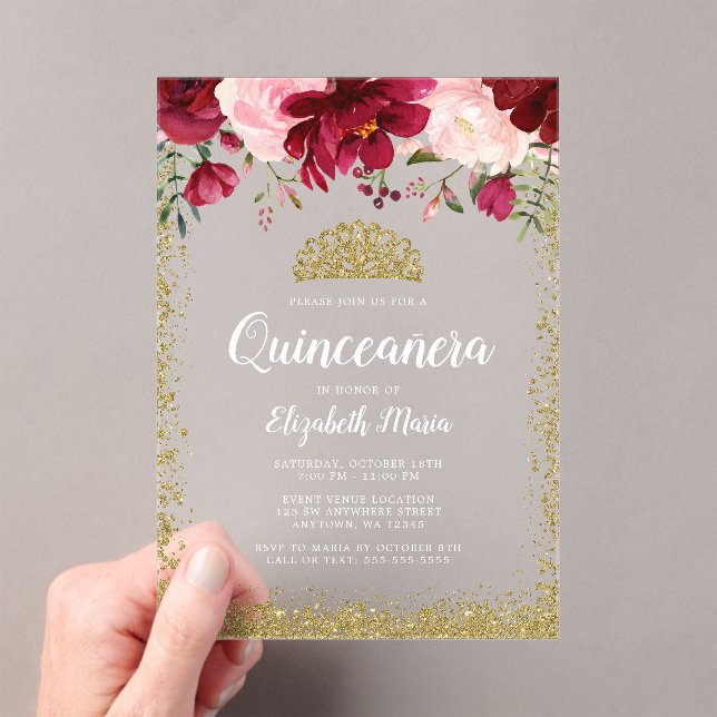 Blush Burgundy Floral Gold Tiara Quinceanera Acryleinladungen (Insitu (Handheld))