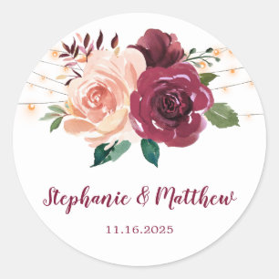 Blush Burgundy Floral Lights Wasserfarbenhochzeit Runder Aufkleber
