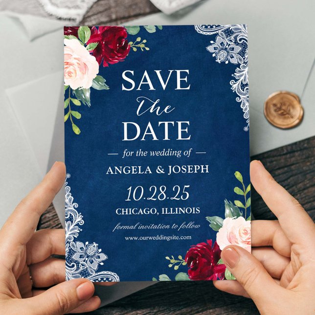 Blush Burgundy Floral Navy Blue Lace Wedding Save The Date (Von Creator hochgeladen)