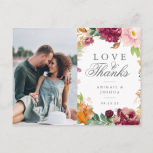 Blush Burgundy Floral Photo Wedding Thank You Postkarte