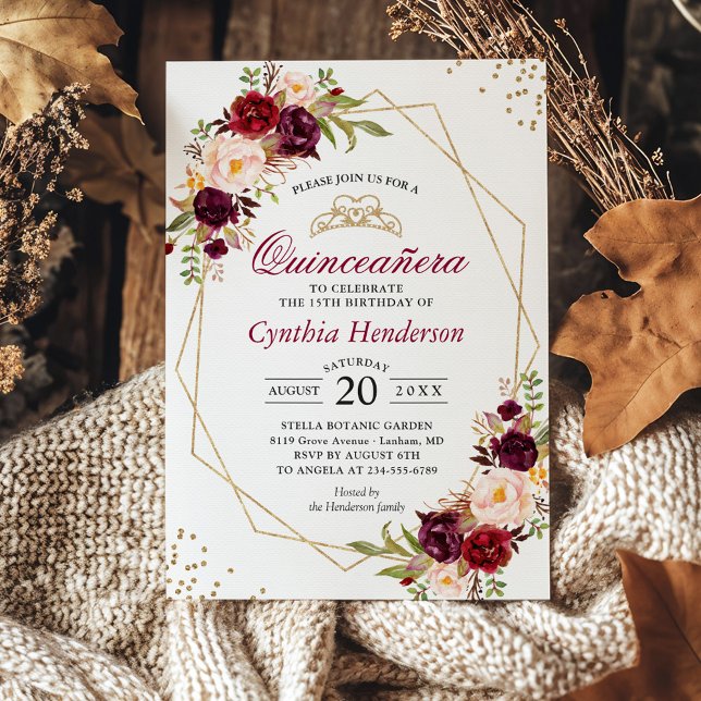 Blush Burgundy Floral Quinceañera 15. Geburtstag Einladung (Von Creator hochgeladen)
