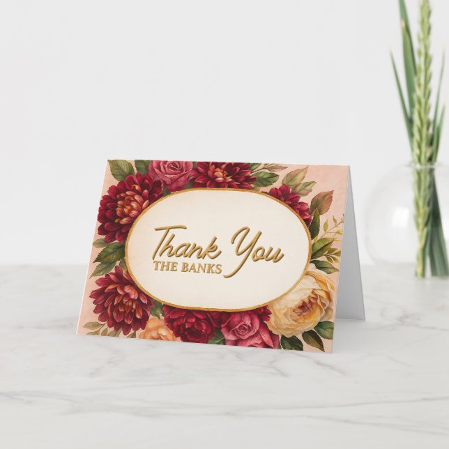 Blush Burgundy Floral Water Wedding Dankeskarte (Vorderseite)