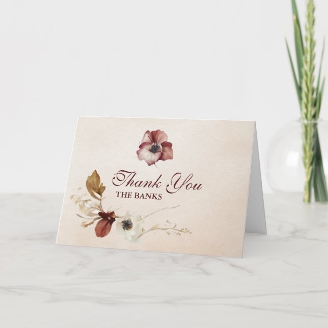 Blush Burgundy Floral Water Wedding Dankeskarte (Vorderseite)