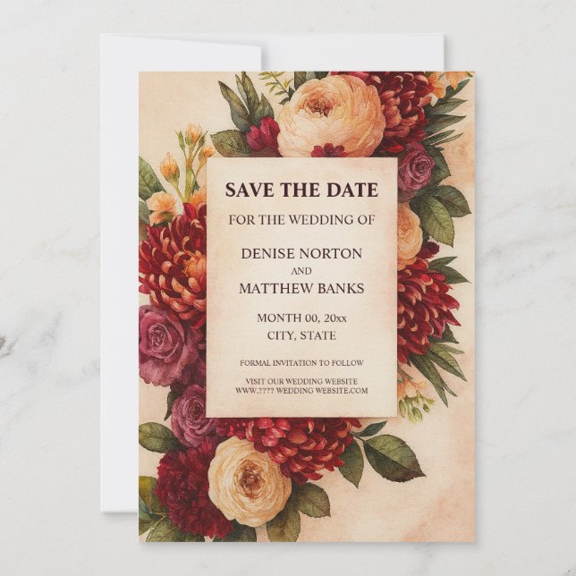 Blush Burgundy Floral Water Wedding Save The Date (Rückseite)