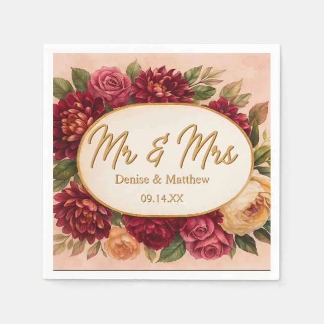 Blush Burgundy Floral Water Wedding Serviette (Vorderseite)